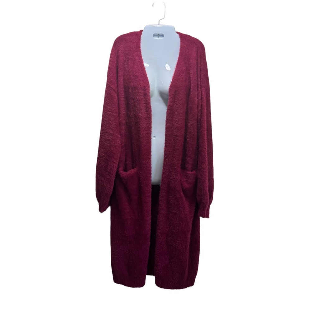 G By Guliana Duster Boho Shaggy Long Cardigan Open Sweater XlL Pockets Burgundy